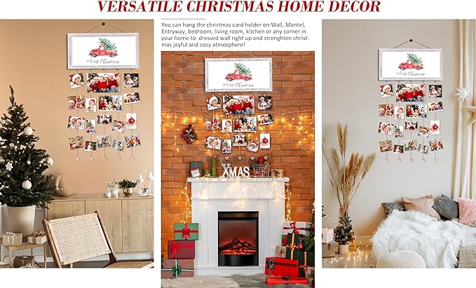 Christmas Card Holder Display Wall Hanging Collage Picture Frames Interchangeable Holiday Decor Clips Photo Holders Merry Christmas Sign Wooden Photo Holder for Gift Card Holder Xmas Party Decor