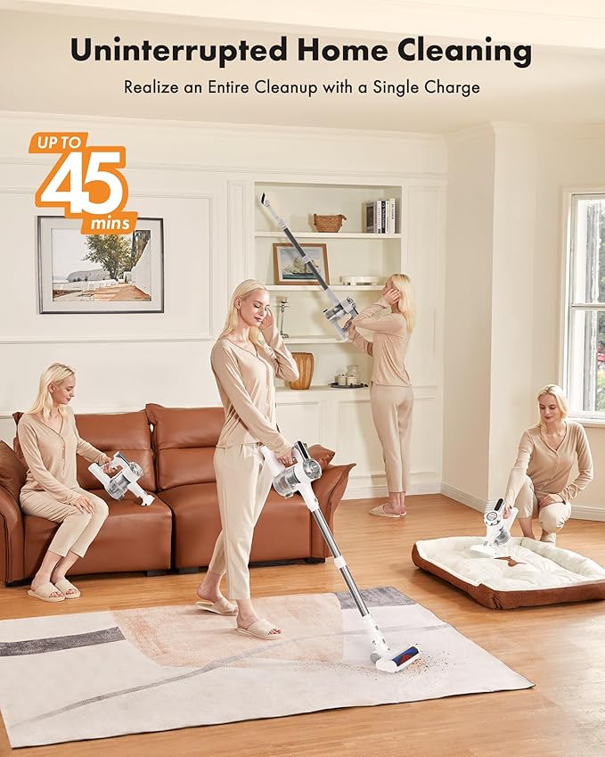 Cordless Vacuum Cleaner, 8-in-1 Lightweight Stick Vacuum with 45mins Runtime, Powerful Suction, Rechargeable Cordless Vacuum for Carpet, Tile, Pet Hair, Hardwood Floors, White