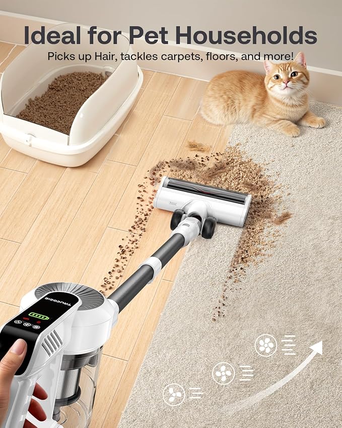 Cordless Vacuum Cleaner, 40Kpa 45Mins Vacuum Cleaners for Home, 8-in-1 Lightweight Stick Vacuum with Powerful Suction, Anti-tangle Wireless Vacuum for Carpet, Tile, Pet Hair, Hardwood Floors, White