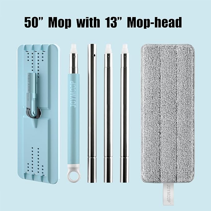 JOYMOOP Flat Mop, Microfiber Mops for Floor Cleaning and Wall Cleaner, 50" Mop with 13" Flat Head with a Microfiber Mop Pad - Pale Aqua