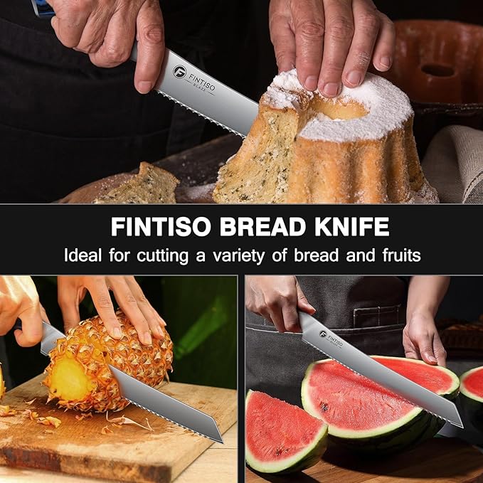 FINTISO Bread Knife 10 Inch, Serrated Bread Cutter with Razor Sharp Japanese High Carbon Stainless Steel Blade & G10 Ergonomic Handle, Wavy Edge Knife for Bread, Cake & Pastries, Ideal Baking Gift