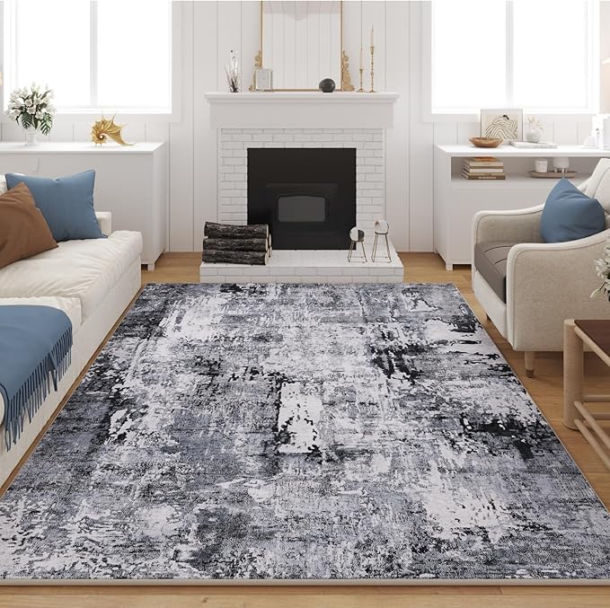 Rugcomf 8x10 Area Rug Washable Boho Rug Soft Non-Slip Non-Shedding Faux Wool Vintage Rug for Living Room, Farmhouse, Dining Room, Indoor, Kids Playroom, Grey and Black
