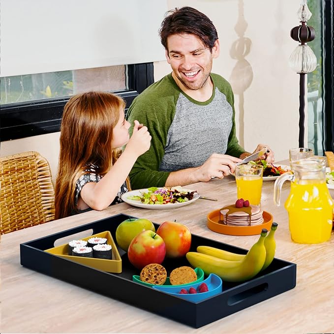 NIUBEE Acrylic Serving Tray 12x20 Inches -Spill Proof- Black Decorative Tray Organiser for Ottoman Coffee Table Countertop with Handles