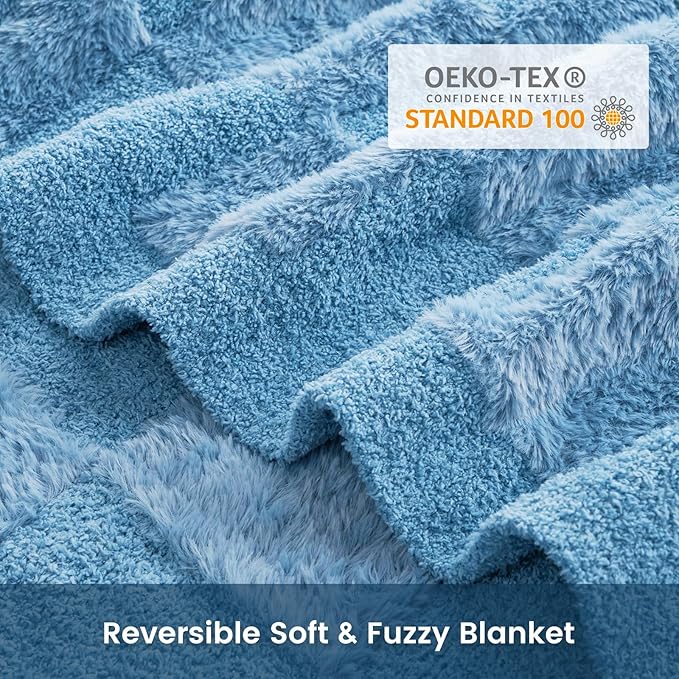 Snuggle Sac Faux Fur Checkered Blanket Twin Size with Soft Knitted Microfiber Fabric,Cozy Soft Warm Blanket for Sofa Bedroom Living Room,Solid Blue,60x80 inches