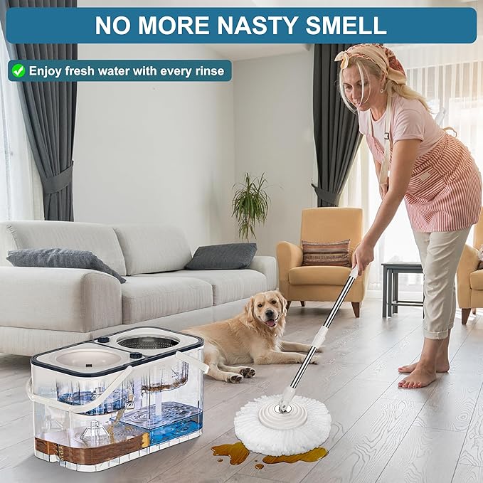 Mop and Bucket with Wringer Set for Home,4-Chamber Spin Mop and Bucket Separate Clean and Dirty Water,Hardwood Floor Mop Household Cleaning Tools with 10 Microfiber Replacement Head Refill