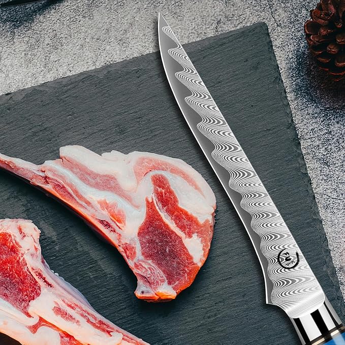6-Inch Boning Knife, VG10 Damascus Steel Core, Ultra-Sharp Fillet Knife for Fish & Meat Cutting, Ergonomic Blue Resin & Wood Handle, Ideal Gift for Chefs and Cooking Lovers
