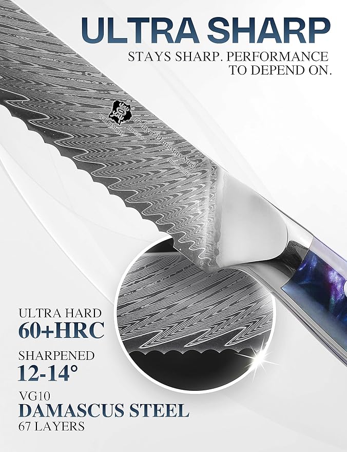 WILDMOK Serrated Bread Knife, 8 inch 67-Layer Damascus Steel Bread Knife, Ergonomic Strong durable resin handle with Luxury Gift Box