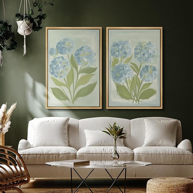 SIGNFORD Framed Canvas Print Wall Art Set Soft Hydrangea Pair Light Blue Florals with Green Leaves Illustration Modern Art Decorative Nature for Living Room, Bedroom, Office - 24"x36"x2 Natural