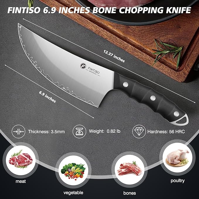 FINTISO Butcher Knife, 6.9 Inch Sharp Meat Cleaver Knife with 5-Layer High Carbon Stainless Steel, Chopping Knives with Ergonomic Full Tang G10 Handle for Home Kitchen Bone Cutting