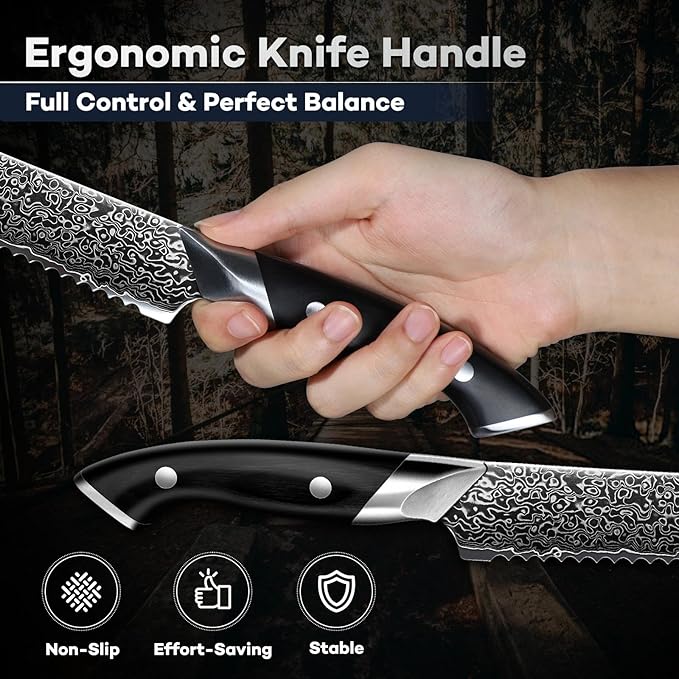 DRAGON RIOT 8 Inch Bread Knife with Damascus Pattern, VG10 Steel Core, High Carbon Stainless Steel Serrated Blade, Ergonomic Curved Handle, Easy to Clean, Kitchen & Baking Gift
