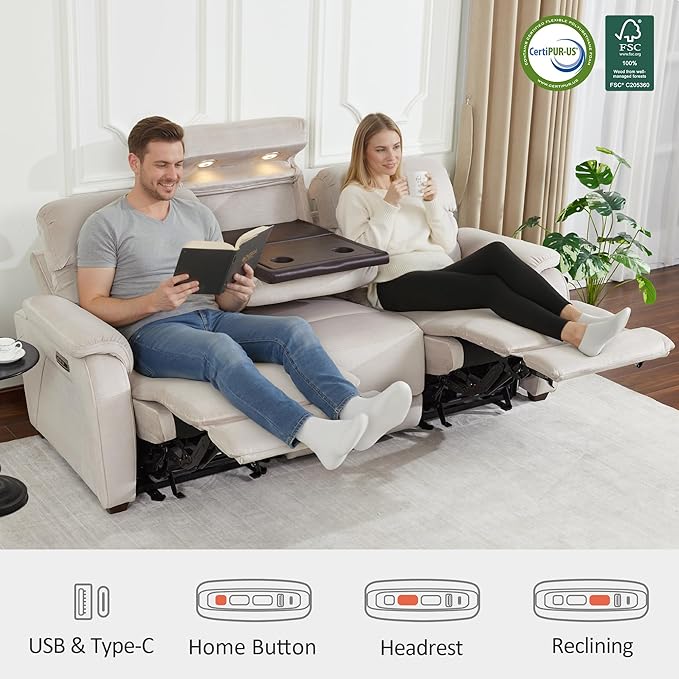 MCombo Wall Hugger Recliner Sofa with Drop Down Table, Power Reclining Sofa with Adjustable Headrest, USB A&C Charge Ports, Reading Lamp, Cup Holders, for Living Room, RVs (Fabric, ST258M3, Beige)