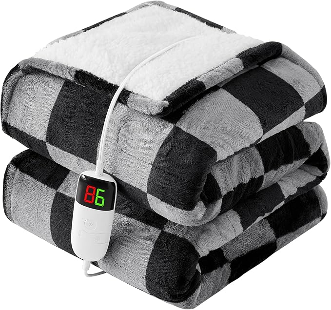 Heated Electric Blanket Twin Size, 62X84 Heating Blanket with 10 Heat Level & 8 Hours Auto Off, Black Gray Checkered Plaid Soft Fleece Sherpa Blankets Warmer Gifts for Couch Grandma Women Adults, ETL