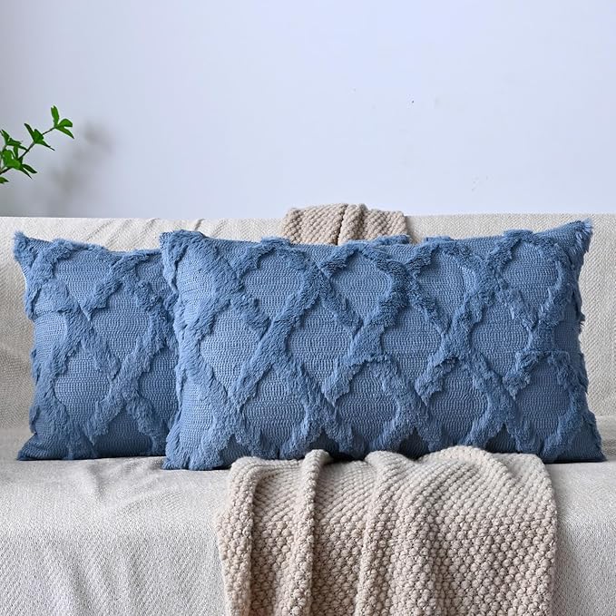 Set of 2 Soft Moroccan Throw Pillow Covers 12x20 Inch Plush Boho Decorative Pillow Cover Accent Cushion Case for Couch Sofa Bed, Grey Blue