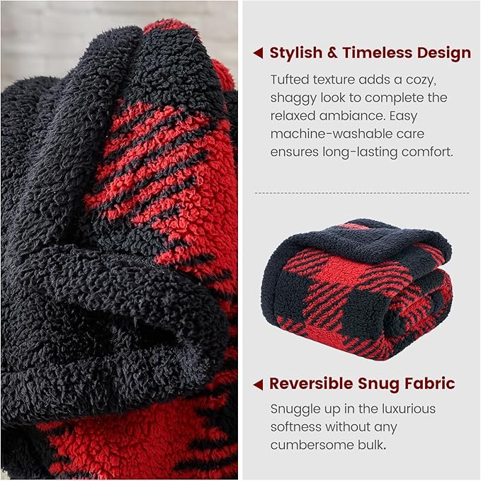 Cozy Bliss Luxury Sherpa Throw Blanket for Couch, Premium Reversible Buffalo Plaid Thick Throw, Warm Cozy Soft Blanket for Home and Gifts (Red/Black Buffalo Check, 50" x 60")