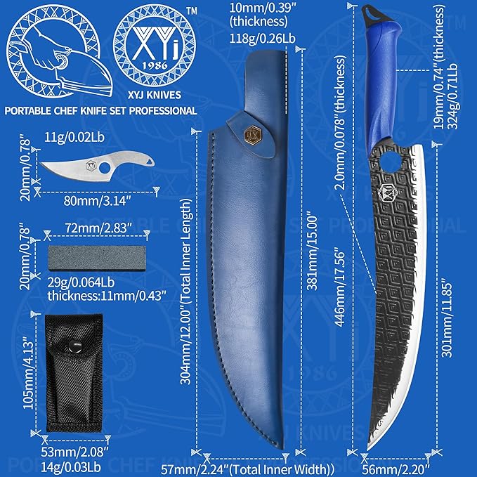 XYJ Portable Chef Knife Set Professional,Since 1986,Camping Boning Knife,Slice Butcher Knives with Leather Sheath,Finger Hole Blade,Outdoor Cooking,Full Tang (12 Inch)