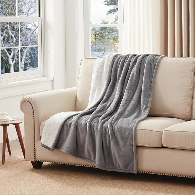 Westinghouse Heated Throw Blanket, Soft Flannel to Sherpa Electric Throw with 6 Heating Levels, 2-10 Hours Time Settings, Fast Heating, Machine Washable 50x60 Inch, Light Grey