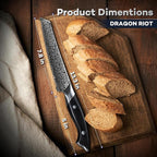 DRAGON RIOT 8 Inch Bread Knife with Damascus Pattern, VG10 Steel Core, High Carbon Stainless Steel Serrated Blade, Ergonomic Curved Handle, Easy to Clean, Kitchen & Baking Gift
