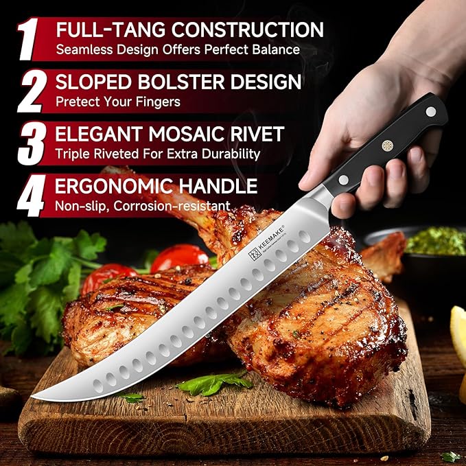 KEEMAKE Carving Knife Set - 12" Brisket Knife & 10" Butcher Knife & Boning Knife Set for Meat Ham Cutting Razor Sharp German Steel with Ergonomic Handle Full Tang Design