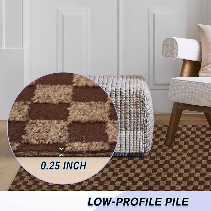 Custom Size Backed Non-Slip Area Rugs Runner, Easy Clean, Waterproof Runner Rugs for Hallway Entryway, Kitchen, Laundry, 2FT x 16FT, Brown Checkered