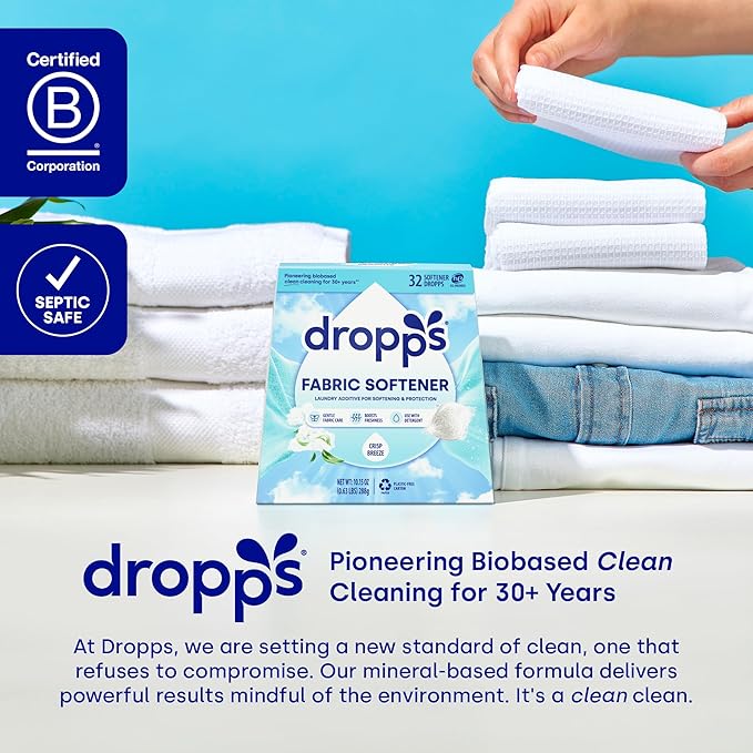 Dropps Laundry Fabric Softener Pods, Crisp Breeze (32 Pods) - Laundry Additive for Softening & Protection - HE Compatible Mineral Based Ingredients Laundry Supplies