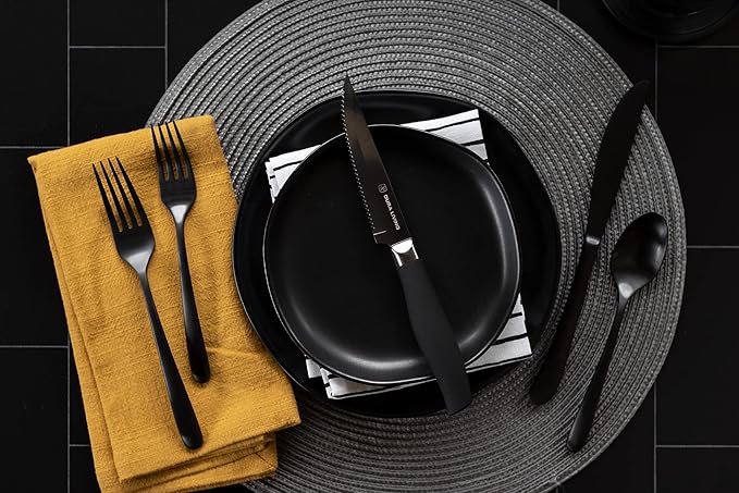 DURA LIVING Steak Knives, Steak Knives Set of 4, Nonstick Titanium High Carbon Stainless Steel Serrated Steak Knife, Soft Grip Handle, With Sheaths, Black Knife Set