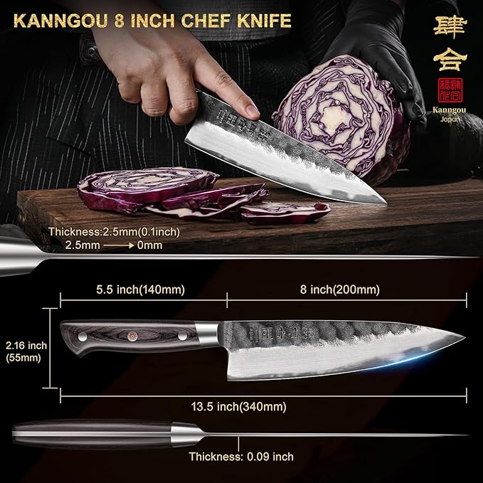8 Inch Chef Knife, Japanese Chefs Knife Black Forged Kitchen Knife with AUS-8 Alloy Steel and Full Tang Pakkawood Handle, Christmas Gift with Premium Box