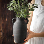 Terracotta Farmhouse Flower Vase, 9.6 Inch Ceramic Rustic Vase with 2 Handles, Decorative Vase Boho Decor for Home Decor, Table, Living Room, Shelf Decoration