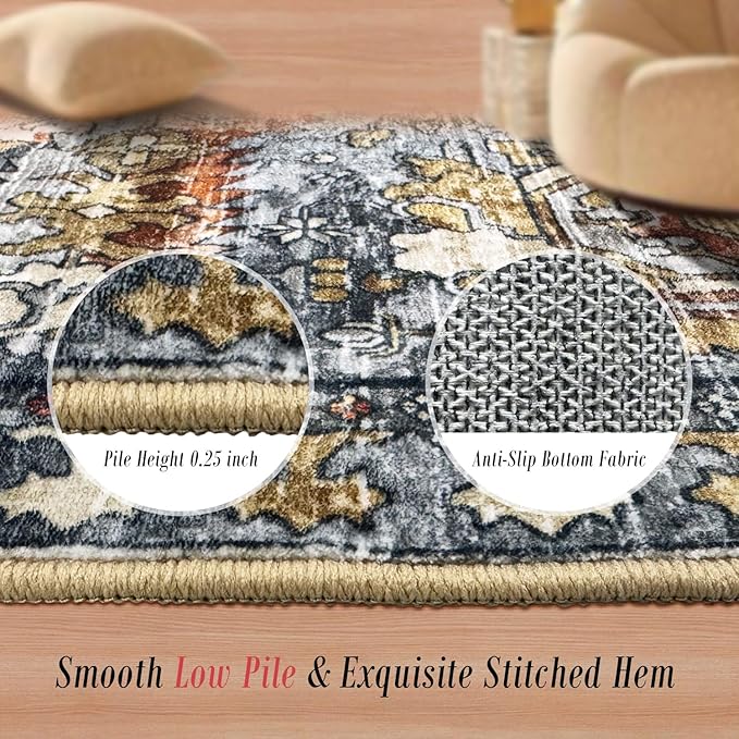 RUGSURE Washable Area Rugs - Perfect for Living Room, Bedroom, Kids Room, Nursery - Stain & Water Resistant Non-Slip, Pet & Child Friendly, Vintage Tribal Area Rugs (Turmeric and Grey, 6' x 9')