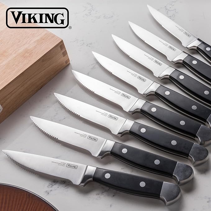 Viking Steak Knife Set, 8 Piece Stainless Steel Kitchen Knives Set with ABS Polymer Handles, Includes Wooden Gift Box, Hand Wash Only, Black