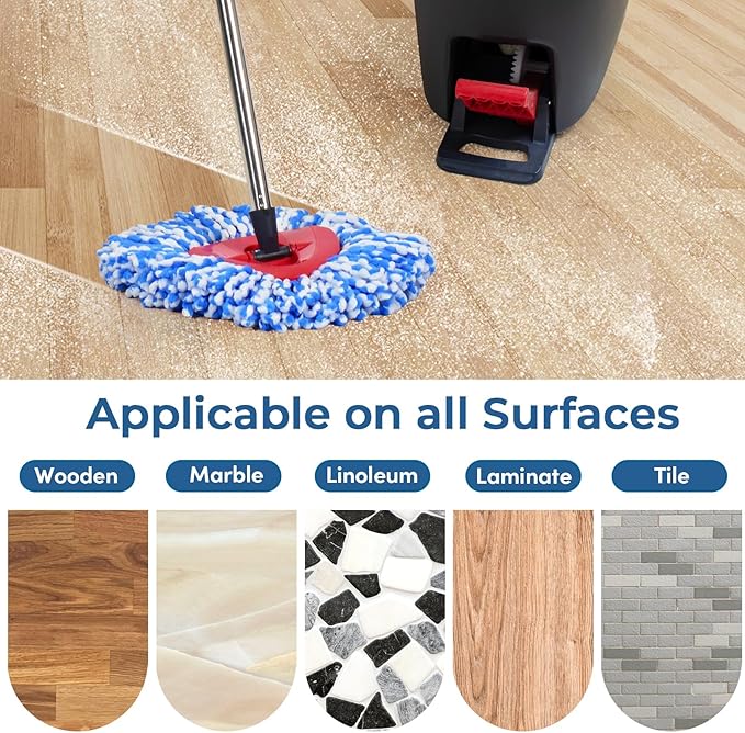 Matthew Spin Mop Replacement Kit - 4 Refill Heads, 30-58in Handle & Base Combo Set (Blue, 1-Tank System)