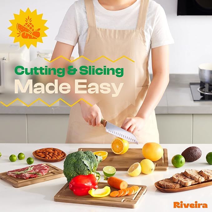 Riveira Brown Bamboo Wood Cutting Board – Gourmet Bamboo Grandeur: 15 x 10 Wooden Cutting Board – Wooden Cutting Boards For Kitchen Decorative – Innovative Juice Grooves Wooden Chopping Board