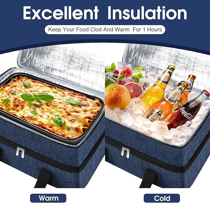 Double Insulated Casserole Carrier, Portable Casserole Carrier for Hot or Cold Food Lunch Tote Warmer or Cooler Bag, Lasagna Lunch Bag for Potluck Parties- Fits 9" x 13" Baking Dish-Navy blue