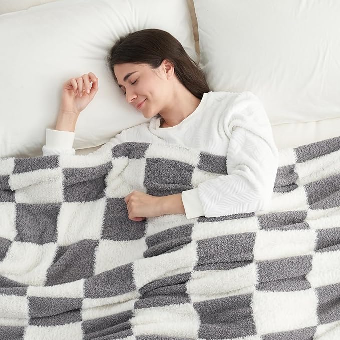 Snuggle Sac Faux Fur Checkered Blanket Twin Size with Soft Knitted Microfiber Fabric,Cozy Soft Warm Blanket for Sofa Bedroom Living Room,Grey Checker,60x80 inches