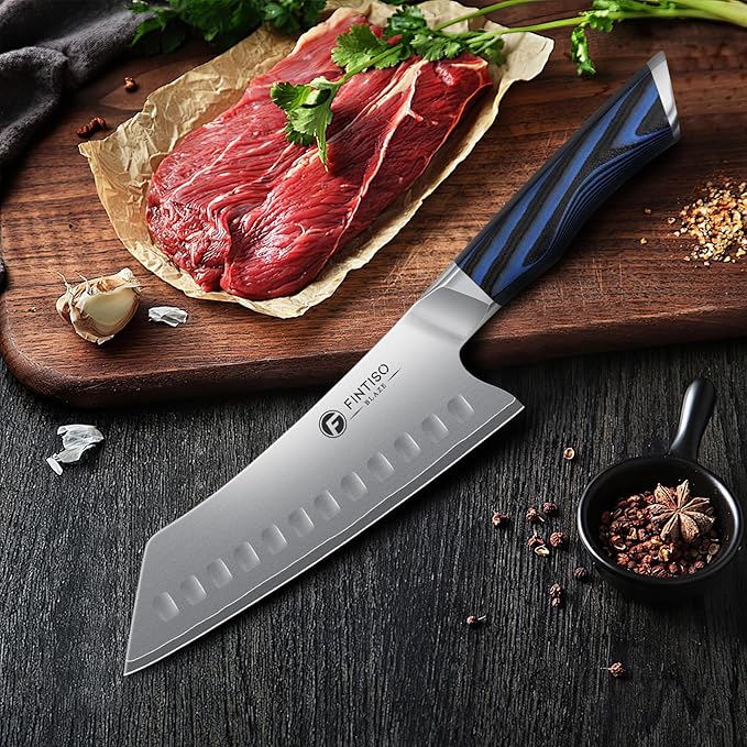 FINTISO 7 Inch Chef Knife, Ultra Sharp Kitchen Knife with G10 Handle, High-End 5 Layers 10Cr15CoMoV Japanese Stainless Steel Santoku Knife, Professional Cutting Knife for Vegetables and Meat