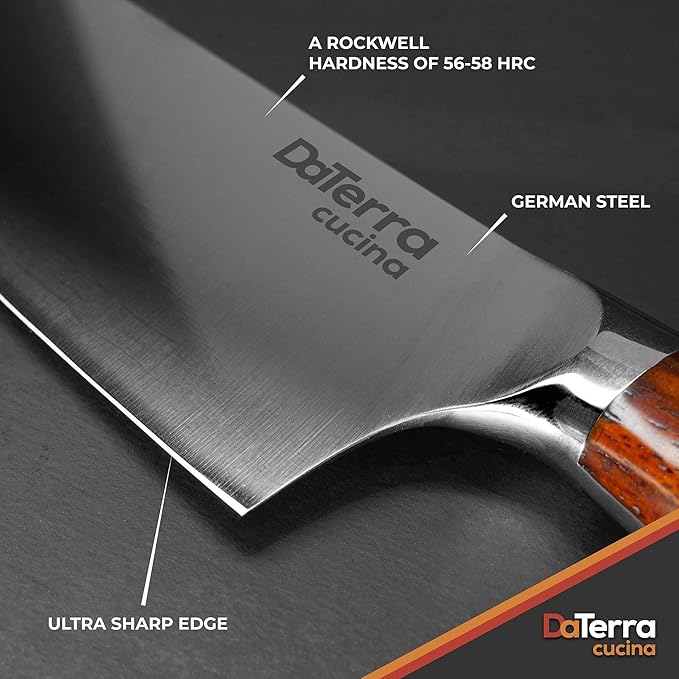 DaTerra Cucina - 8 Inch Chef Knife – German Steel Professional Kitchen Knife with Ergonomic Rosewood Handle, Sharp, Durable, Easy to Clean | Ideal for Chopping, Slicing & Dicing