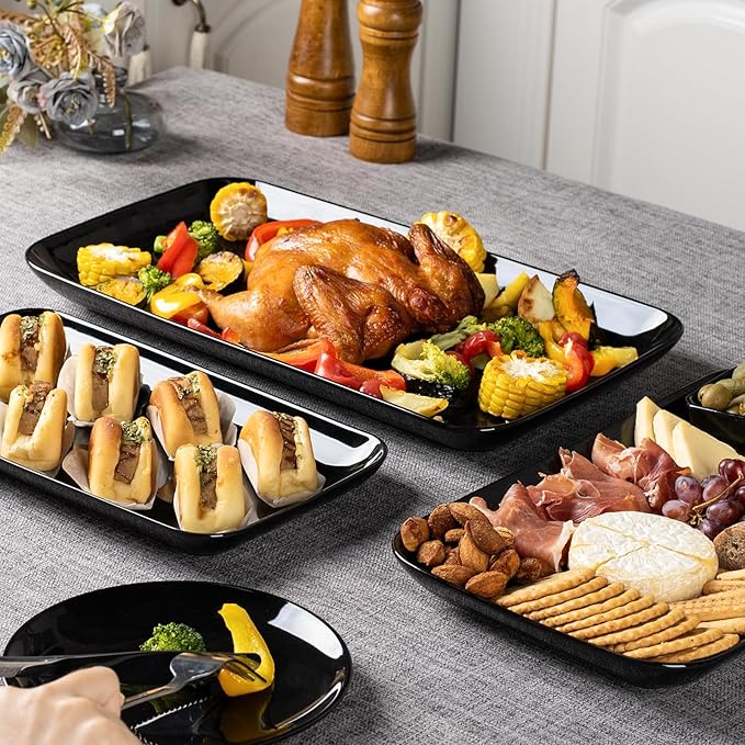 DELLING Large Serving Platter, 16/14/12inch Black Serving Tray Set- Rectangular Serving Platters for Party, Entertaining, Turkey Platter for Thanksgiving, Christmas, Microwave Dishwasher Oven Safe
