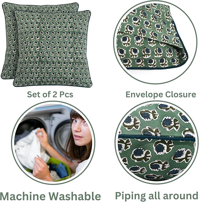 Ridhi Basil Green Block Print Cotton Canvas Throw Pillow Covers for Decorative Couch Pillows for Living Room, Chic Boho Cute Outdoor Valentine Pillows Covers Gifts 20x20 Inches