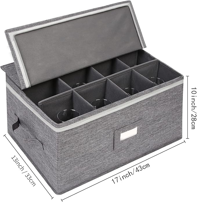 Stemware Storage Containers (2 pack), Wine Glass Storage Box with Dividers for Glassware or Crystal, Holds 12 Red or White Wine Glasses, Hard Top and Stackable (Grey)