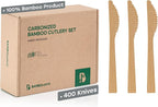 100% Bamboo Utensils - 400 Carbonized Knives Disposable Cutlery Biodegradable and Sanitized - Heavy Duty & Fully Functional
