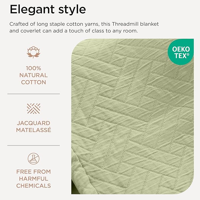 Threadmill Luxury Cotton Blankets for Twin Size Bed | All-Season 100% Cotton Twin Blanket for Bed | Criss Cross Jacquard Lightweight, Soft & Cozy Coverlet, 350GSM, 68 x 90 inches | Sage Green