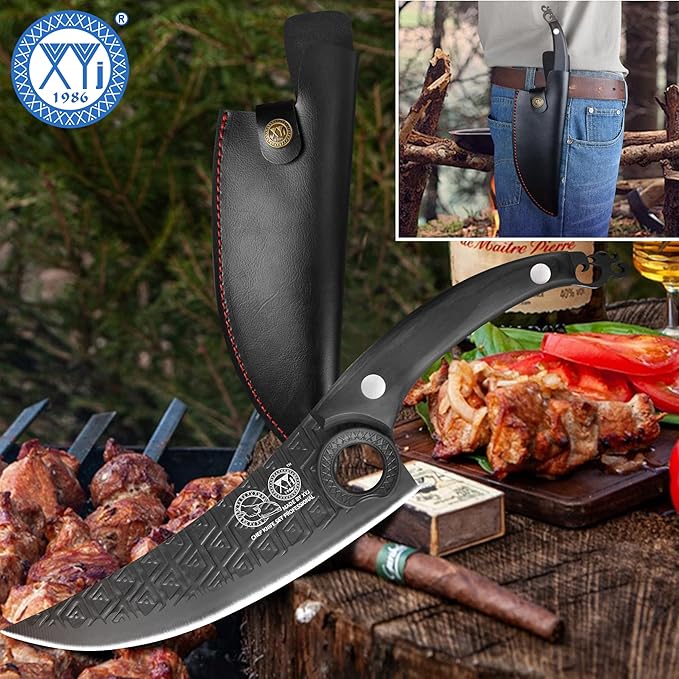 XYJ Authentic Since 1986, FULL TANG 8 Inch Boning Knife With Sheath, Stainless Steel Deboning Meat Cleaver for Meat Cutting, Vegetable Kitchen Knife for Outdoor Camping