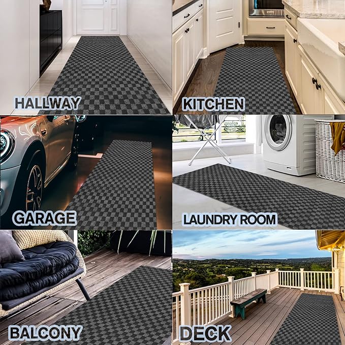 Custom Size Backed Non-Slip Area Rugs Runner, Easy Clean, Waterproof Runner Rugs for Hallway Entryway, Kitchen, Laundry, 2FT x 54FT, Gray Checkered