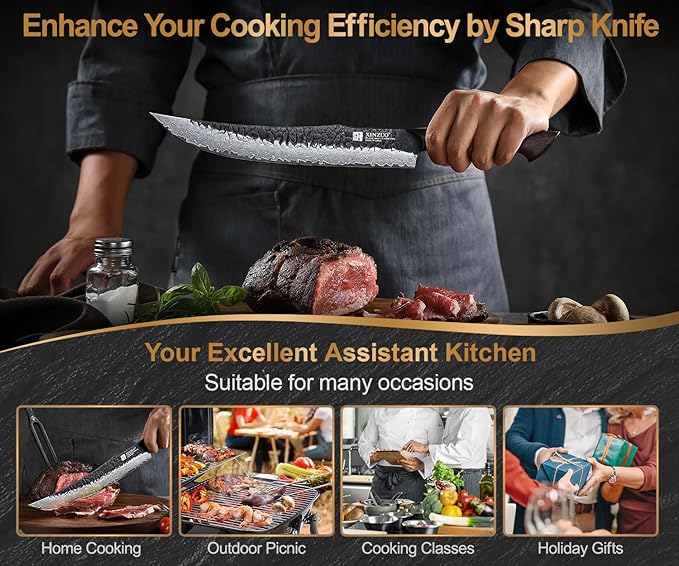 XINZUO 10 Inch Brisket Carving Knife，67-Layer Damascus Steel，Razor Sharp Curved Butcher Breaking Knives For Meat Cutting With White Oak + Red G10 Gasket Handle