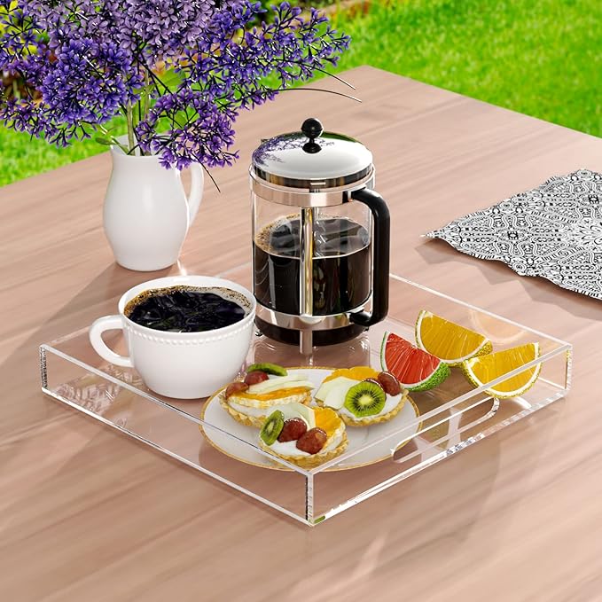 NIUBEE Acrylic Serving Tray 10x10 Inches -Spill Proof- Clear Decorative Tray Organiser for Ottoman Coffee Table Countertop with Handles