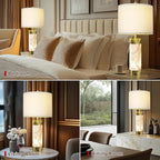 Natural Alabaster Table Lamps Set of 2,Table Lamp with Night Light for Living Room,Nightstand Lamp with USB Ports,Bedside Lamp with Linen Fabric Shade for Bedroom,Living Room,Office,Bar(Bulb Included)