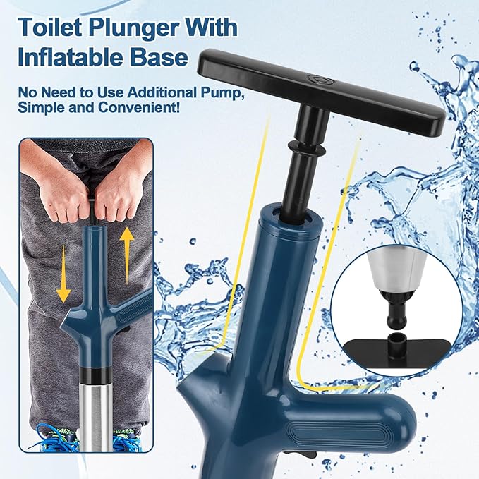 Toilet Plunger Drain Clog Remover, High Pressure Air Drain Remover Tool with Real-Time Barometer, Stainless Steel Clog Toilet Cleaner for Bathroom Kitchen Commercial Floor Sink(Blue)