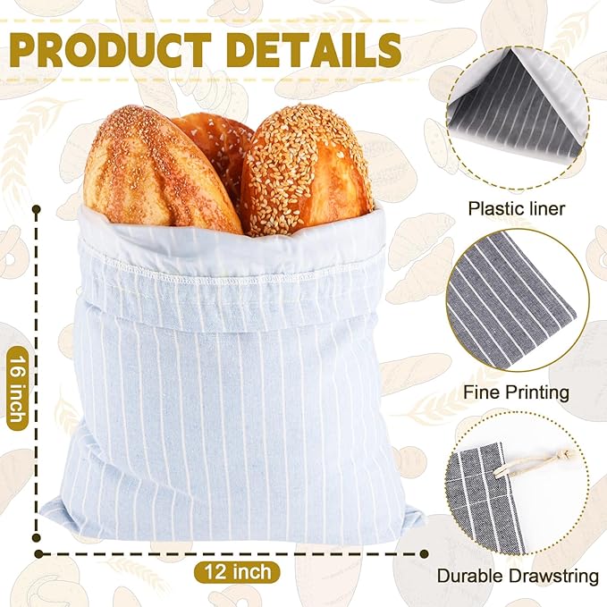 3 Pack Linen Bread Bags for Homemade Sourdough with Plastic Lined - Reusable Sourdough Bread Storage Bag