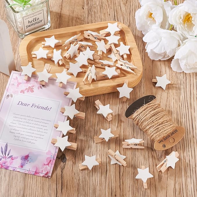 Pandahall 100Pcs Wooden Star Clothespins Photo Clips Photo Paper Pegs Clips White Mini Clothes Pins Holiday Card Holder Display with 10.9 Yards Jute Twine