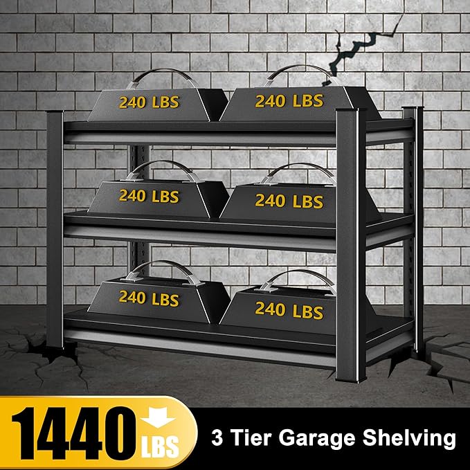 40" W Garage Shelving Heavy Duty, 1440LBS Loads Garage Storage Shelves Heavy Duty, 3-Tier Metal Shelving Units and Storage Racks, Industrial Utility Shelf,40" Wx18 Dx36 H, Black