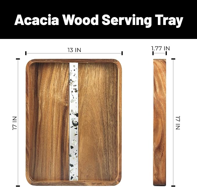 Acacia Wood Serving Tray with Handles, 17’’x13’’ Rectangular Decorative Ottoman Tray for Living Room, Coffee Table Tray for Decor, Breakfast in Bed